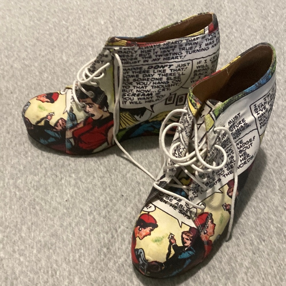 Jeffery Campbell and Black Milk booties in cartoon print